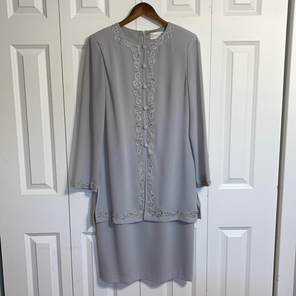 Cameron Blake Gray Embroidered Beaded Jacket Dress Size 8 Mother of Bride Formal